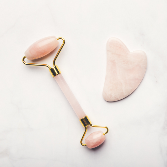 Rose quartz, roller and gua sha massager kit