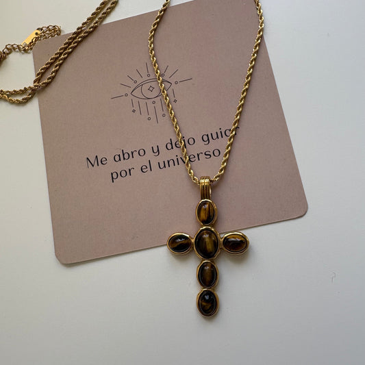 Collar cruz con ojo de tigre bañado en oro 18k