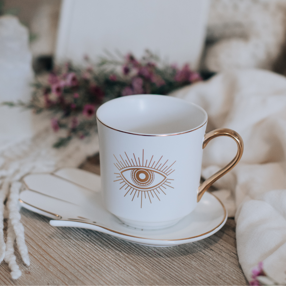 Hand of Fatima and Eye of Intuition cup and saucer set