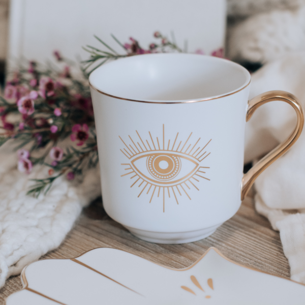 Hand of Fatima and Eye of Intuition cup and saucer set