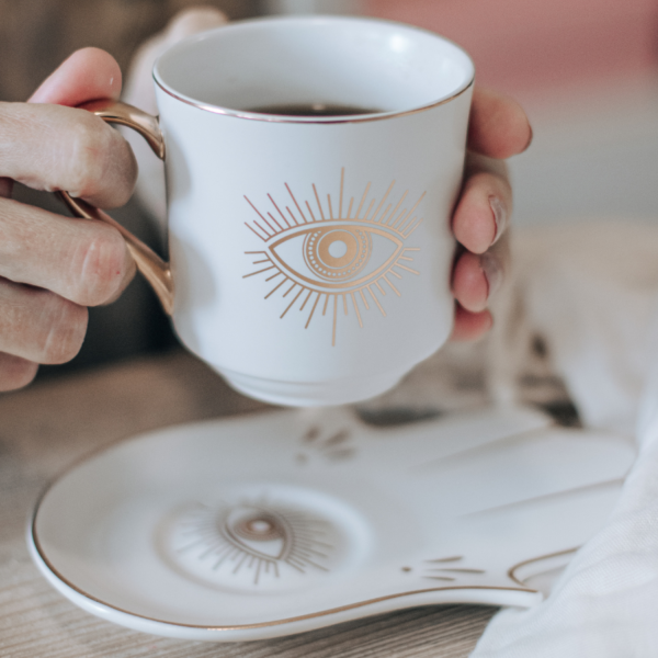 Hand of Fatima and Eye of Intuition cup and saucer set